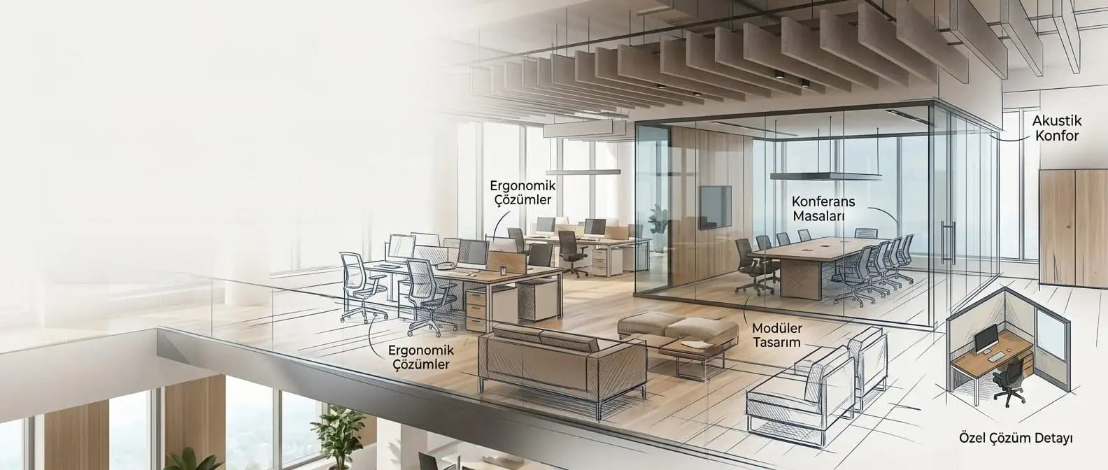 Ergonomik mobilyalar ve modüler tasarım öğeleriyle modern cam duvarlı toplantı odası.