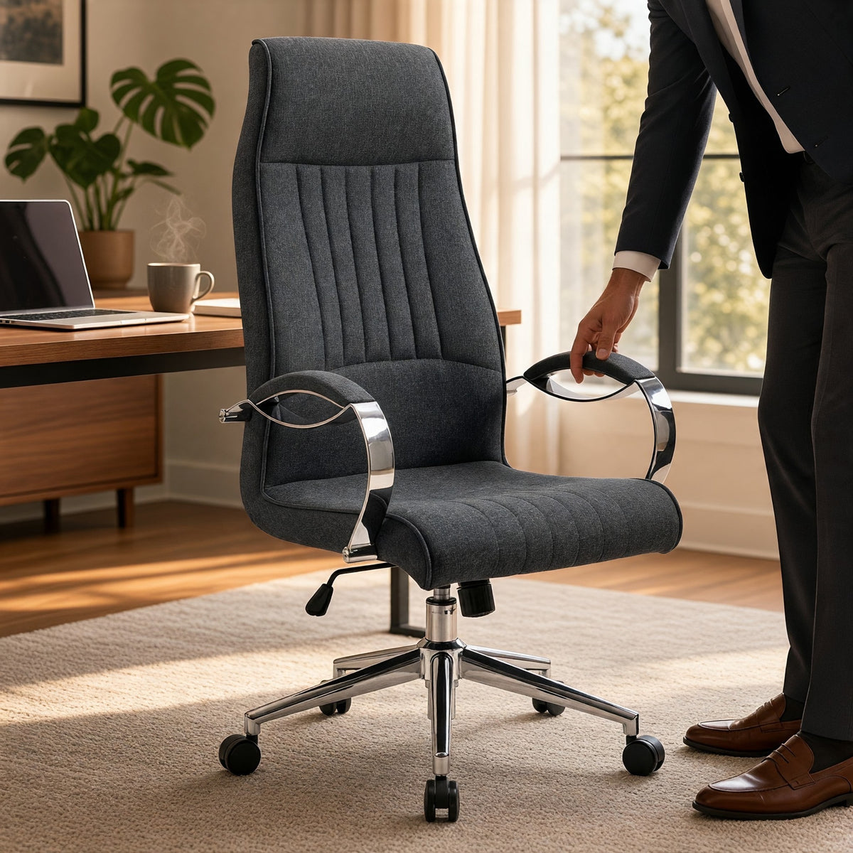 İstanbul Ofis Mobilya koyu gri kumaş döşemeli, metal detaylı, ergonomik modern yönetici çalışma koltuğu