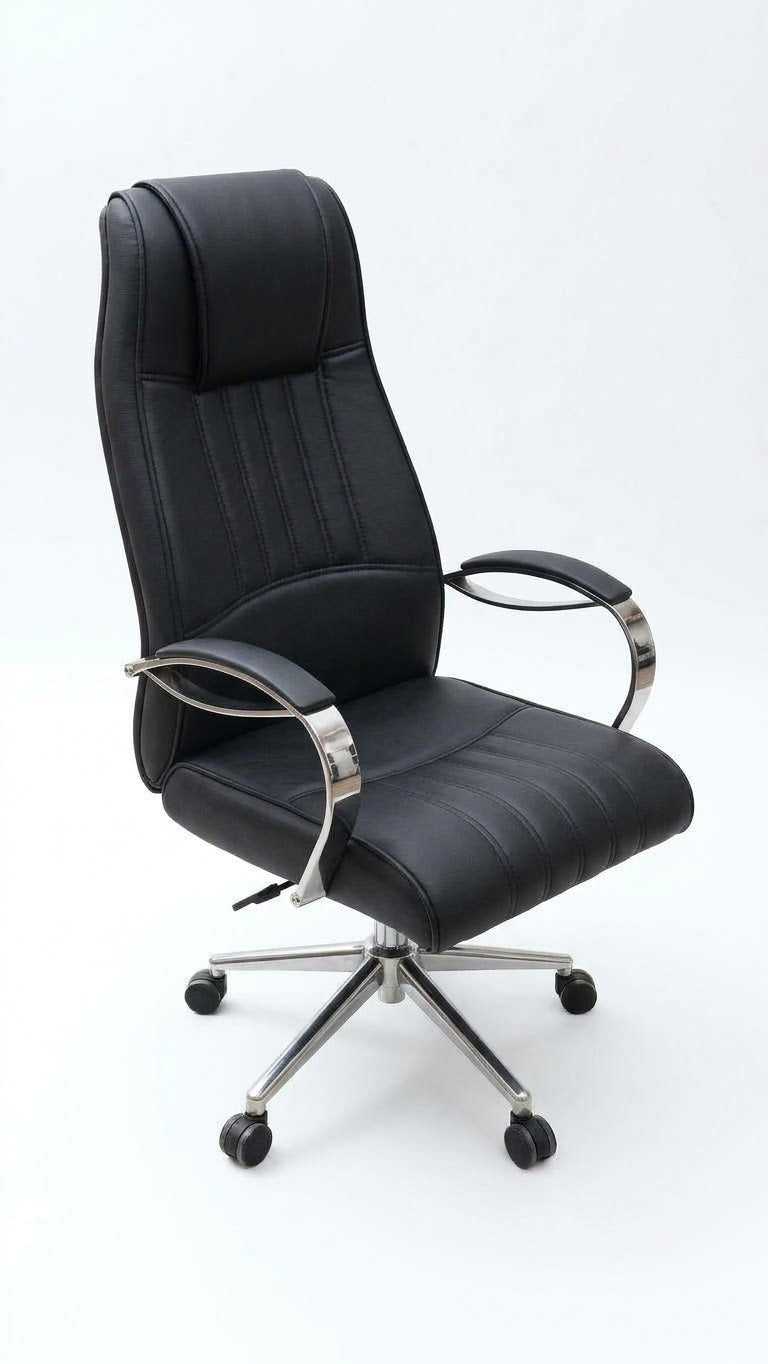İstanbul Ofis Mobilya Sahra siyah suni deri döşemeli, krom detaylı ergonomik yönetici çalışma koltuğu